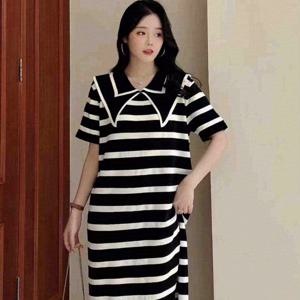 TEMU 여름, 가을 신상 패션 풀오버 캐주얼 반팔 루즈 블랙 앤 화이트 니트 여성 드레스, 여성용 작은 향수 슬림 롱 스커트