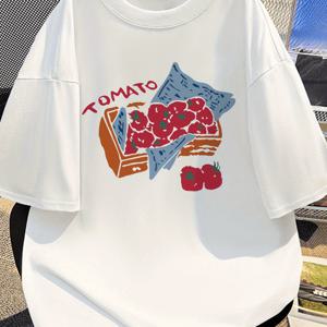 TEMU 100% 폴리에스터 남성용 토마토 프린트 텍스트 반팔 티셔츠, 캐주얼 커뮤터 상의, 프린트 반팔 휴가 데일리 캐주얼 셔츠, 라운드넥 반팔, 세탁기 사용 가능