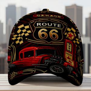 TEMU 1개 Route 66 핫 로드 차고 프린트 전체 드러남 오리 부리 모자 전체 프린트, 스타일리시한 손세탁 가능, 여름 신학기 선물용, 1개