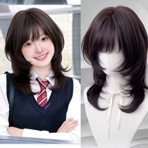 TEMU 앞머리 있는 18인치 여성용 블랙 가발 1개, 풍성한 레이어드 미디엄 숏 헤어, 달콤하고 영한, 휴일, 파티, 데일리 사진, 데이트용, Ersal 푹신하고 통기성 좋은 매끄러운 털빠짐 없는 풀헤드 가발