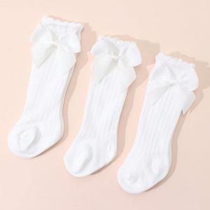 TEMU 리본 장식, 러플 디자인, 단색 골지 원단, 부드럽고 통기성이 좋은 아기/유아용 니하이 양말 3켤레 세트. 아기/유아 데일리 웨어에 적합하며, 훌륭한 선물 선택입니다.