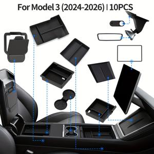 TEMU TESLA 모델 3 (2024-2026) 콘솔 정리 트레이 10개입 | 콘솔의 혼란을 잠재우세요, 수납 상자, 서랍 정리함, 컵 홀더, 센터 컨트롤 충전 미끄럼 방지 매트, 스크린 보호 패드, ABS 재질