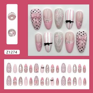 TEMU 핑크 프렌치 고양이 눈 레이스 노트 와인 리본 물방울 무늬 인스 스타일 탈부착 네일 스티커