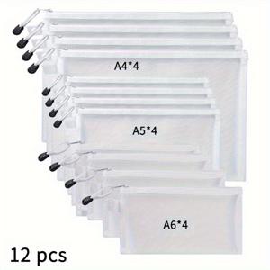 TEMU A6/A5/A4 사이즈의 넉넉한 메시 지퍼 백 12개 세트, 사무실 서류 정리용으로 디자인 - 메시 패턴의 시스루 폴더, 연필꽂이, 퍼즐 보관 파우치, 지퍼형 브리프케이스, 여행용 정리함
