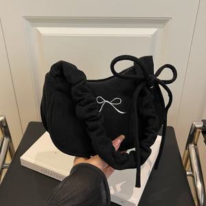 TEMU 여성용 우아한 코듀로이 겨드랑이 가방. 리본 액세서리 - 조절 가능한 스트랩 - 지퍼 잠금 - 가벼운 디자인 - 숄더백 - 핸드백 - 여성용 귀여운 컴팩트 핸드백 화장품 가방 - 다양한 상황에 적합
