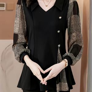 TEMU 봄과 여름 패션 엄마용 롱슬리브 패치워크 셔츠 여성용