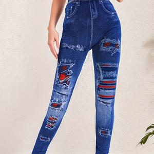 TEMU 프린트 팬츠 [데님 원단 아님] 패션 하이웨이스트 이미테이션 데님 홀 프린트 타이트 레깅스 여성용 복부 심리스 보정 팬츠 포켓 캐주얼 S사이즈 아웃웨어 바지
