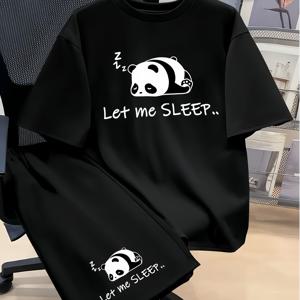 TEMU 남성용 여름 캐주얼 팬더 프린트 티셔츠 세트 2pcs - 