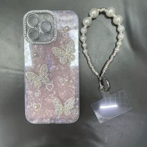 TEMU 휴대폰 케이스 - Apple 17 Pro Max용 새로운 3D 진주 나비 폰 케이스, iPhone 15 호환, 하트 보호를 위한 라인스톤 렌즈 필름, 모델 13/12 호환, 11 쉘에 창의적인 고급스러운 느낌 제공