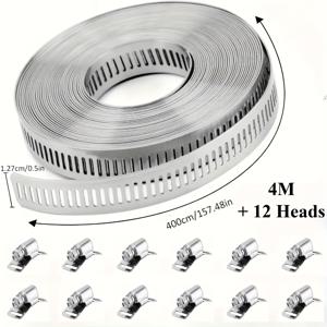 TEMU 스테인리스 스틸 호스 클램프 - 조절 가능, 완벽한 핏을 위한 풀 투스 디자인, DIY 스냅 후프, 1/2/4미터 금속 파이프 타이, DIY 나사 및 패스너가 포함된 스테인리스 스틸 호스, 웜 기어 클램프, 조절 가능한 파이프라인 호스 클램프