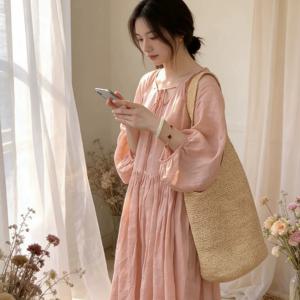 TEMU 2026 여름 신상 핑크 순수 레이스업 루즈핏 브이넥 나이 감추는 7부 소매 원피스