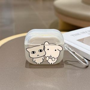 TEMU for 1/2/3/4/Pro3/Pro4용 투명 플라스틱 에어팟 케이스, 귀여운 고양이와 강아지 만화 캐릭터, 가방/열쇠고리용 실버 카라비너, 라이트 그레이 틴트, 부드러운 실내 카페풍 장면 디자인