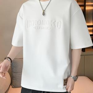 TEMU 새로운 여름 남성용 루즈핏 캐주얼 티셔츠, 스탬프 레터 장식, 데일리룩으로 활용하기 좋음, 약간의 신축성 있는 원단으로 제작, 레터 로고 디자인