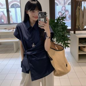 TEMU 여성 카라 반팔 셔츠 블라우스 허리 스트랩 매듭 랩 셔츠 날씬해보이는 허리라인 체형커버 오피스룩 출근룩 하객룩 데이트룩 꾸안꾸 여름 남방 화이트