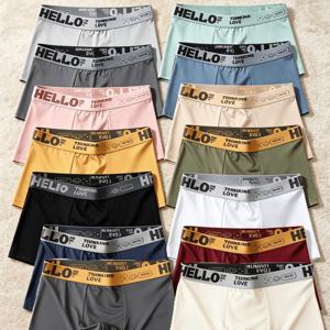 TEMU 12색 솔리드 남성용 복서 팬티 랜덤 1개, HELLO 프린트 허리밴드, 통기성 속건성 중간 신축성, 패션 가정용 스포츠 사계절 속옷, 남성용 선물