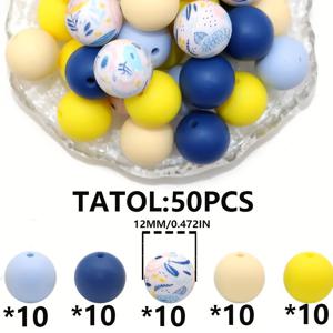 TEMU 12mm/15mm 혼합 단색 및 프린트 실리콘 원형 구슬 50개, 루즈 비즈, 병에 담긴 포컬 비즈, DIY 핸드메이드 목걸이용, 플라스틱 펜 비즈, 열쇠고리, 자동차 액세서리 체인, 가방 체인, 휴대폰 체인, 팔찌, 주얼리 제작 용품