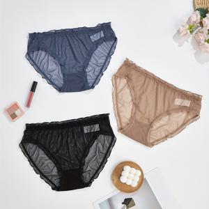 TEMU 3pcs 여성용 플러스 사이즈 투명 메쉬 팬티 - 통기성 및 편안함, 중간 허리 브리프, 다크 블루, 블랙 및 핑크, 세련된 디테일링 (엘라스탄)