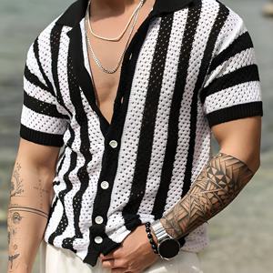 TEMU 남성용 캐주얼 스포츠 스웨터, 홀 니트 질감의 반팔 가디건, 쿠바 칼라 디자인으로 편안한 빈티지 룩, 단추 여밈, 몸매를 감싸는 핏감, 여름철 착용에 완벽—스트리트 스타일과 비치 아웃팅 또는 트렌디한 공간에서 섹시함과 통기성을 결합