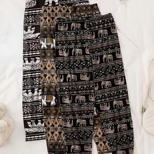 TEMU 3pcs 여성용 캐주얼 팬츠, 코끼리와 아가일 프린트 탄력 허리 잠옷 바지