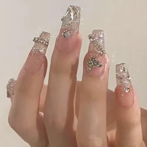TEMU 24개 핑크 롱 발레 스타일 3D 나비 글리터 디자인 웨어러블 네일 아트 메이크업 용품 세트, 착용하기 쉬우며 편안함, 손톱을 완전히 새로 만들고, 네일 아트 스타일링 장식, 재사용 가능