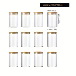 TEMU 보라실리케이트 소재의 투명 원형 유리 병 12개 세트. 210ml, 280ml, 340ml 사이즈로 제공되며, 곡물 및 커피 보관용으로 디자인되었으며 나무 뚜껑이 포함되어 있습니다.