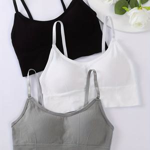 TEMU 여성용 스포츠 브라 3pcs - 편안한 나일론 혼방, 탈부착 패드, 얇은 스트랩, 단색 블랙, 화이트, 그레이, 통기성, 손세탁 가능, 캐주얼 의상에 적합