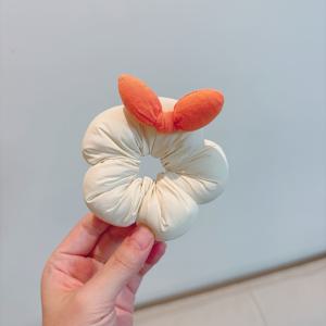 TEMU 1/5개 귀여운 3D 토끼 귀 꽃 머리끈 달린 달콤한 패브릭 곱창 머리끈, 귀여운 리본 헤어 장식