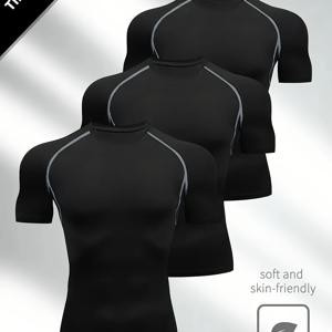 TEMU 남성용 스포츠 보정핏 타이트 단색 라운드넥 속건성 피트니스 반팔 셔츠 3개 세트, 달리기, 운동, 아웃도어, 헬스장 및 스포츠웨어용