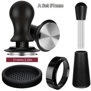 TEMU 51mm/53mm/58mm 커피 탬퍼, 눈금 및 조절식 스프링 힘 포함, 스테인리스 스틸 리플 베이스, 양극 처리 알루미늄 핸들 및 스탠드, 머신 액세서리용 보정된 스프링이 있는 바리스타 커피 탬퍼 세트