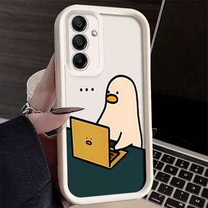 TEMU 휴대폰 케이스 - 귀여운 오리 테마 노트북 디자인, 블랙 앤 화이트 색상, TPU 풀 커버로 낙하 방지 기능 제공. 이 휴대폰 케이스는 S25, S24, S23, S22, S21, S20 Ultra, Plus 등 다양한 삼성 갤럭시 모델과 호환됩니다.