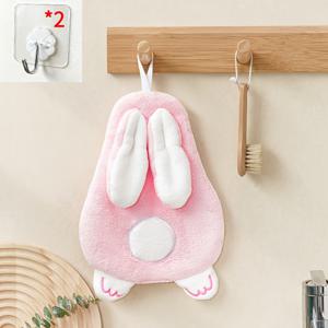 TEMU 토끼 모양 산호 수건 핸드 타월 (고리 2개 포함), 만화 토끼 패턴, 부드럽고 흡수성 좋은 보풀 없는 걸이형 수건, 욕실 및 주방 타월, 부활절/크리스마스/휴일용 선물로 이상적인 욕실 수건 핸드 타월