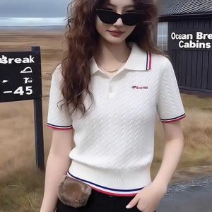 TEMU 2026 여름 신상 여성용 화이트 한국 스타일 대비 폴로 칼라 티셔츠, 슬림핏, 연령감축 플러스 사이즈 탑