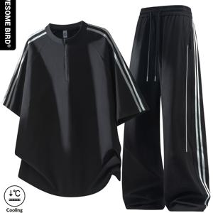 TEMU 아메리칸 스타일 스탠드 칼라 하프 집업 반팔 티셔츠 여름 남성 스포츠웨어 세트, 트렌디한 완전 정장류