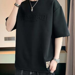 TEMU 새로운 여름 남성용 루즈핏 캐주얼 티셔츠, 스탬프 레터 장식, 데일리룩으로 활용하기 좋음, 약간의 신축성 있는 원단으로 제작, 레터 로고 디자인