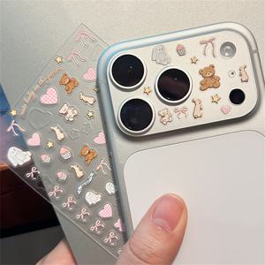 TEMU 귀여운 DIY 스티커 렌즈 보호필름 - 사랑스러운 만화 리본 보우, 곰, 토끼, 별, 딸기, 하트 엠보싱 스티커 + 투명 반투명 서리 낀 카메라 렌즈 보호필름 2개. iPhone 17 Pro Max/17 Pro용. 초박형 지문 방지, 스크래치 방지 보호필름. 휴대폰 액세서리. 내구성 있는 보호용 휴대폰 장식