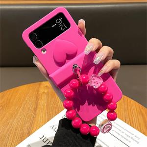 TEMU 휴대폰 케이스 - 빨간색 3D 하트 모양 장미 케이스, 토끼 링 비즈 팔찌 포함, 삼성 갤럭시 Z Flip7, Z Flip6, Z Flip5, Z Flip4, Flip3 및 모토롤라 RAZR 60 ULTRA 커버