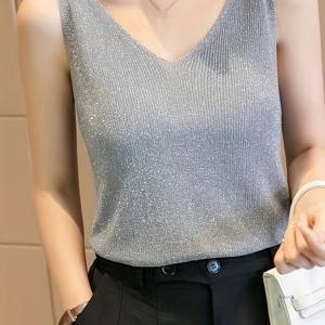 TEMU 여성용 V넥 민소매 글리터 탱크탑 - 여름 데일리 오피스 데이트용 패션 반짝이 소프트 캐주얼 블라우스