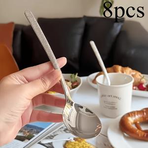 TEMU 망치질 스테인리스 스틸 도결 처리된 두꺼운 디저트 스푼, 수프 스푼, 샐러드 스푼 8개 세트, 녹 방지 및 내구성, 가정용 주방 및 레스토랑에 적합, 식기세척기 사용 가능, 가정, 주방, 레스토랑, 애프터눈 티에 최적