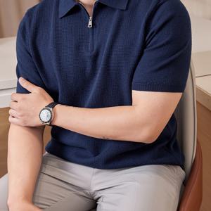 TEMU 남성용 플라워 니트 폴로 셔츠 | 반팔 골지 니트 셔츠, 텍스처, 캐주얼 라펠 칼라, 레이온 원단, 하프 플래킷, 지퍼 디테일 | 봄/가을, 비즈니스 및 캐주얼한 상황에 적합