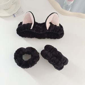 TEMU 고품질 피부 친화적 만화 고양이 3종 세트: 사랑스러운 플러시 고양이 귀 페이스 타월 + 손목 밴드 2개 | 부드러운 산호초 소재 | 여성을 위한 쾌적하고 편안한 세안용품, 세안, 메이크업, 팩, 머리끈, 페이셜 클렌징, 요가, 스파 또는 일상적인 가정용으로 적합
