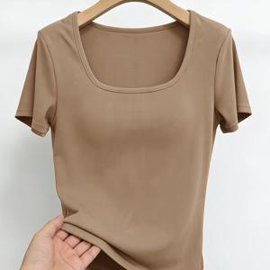 TEMU 여름용 여성용 반팔 U넥 티셔츠, 스타일리시하고 핏되는 베이스 레이어