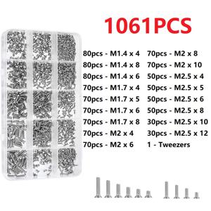 TEMU M1.4, M1.7, M2, M2.5 사이즈 미니 나사 1061개 세트 (실버 접시머리 기계 나사 포함), 시계, 컴퓨터, 안경 등에 적합