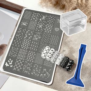TEMU 3개 세트 네일 스탬핑 플레이트 & 스탬프 도구 (스크래퍼 포함) - 투명 DIY 리본, 하트, 네일 아트 디자인용, 홈 살롱 네일 엠보싱 호환, 미용 애호가를 위한 부드러운 스탬핑 패턴 투명 스탬프