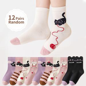 TEMU 통센 통마 남아용 여아용 귀여운 만화 고양이 중목 양말 12켤레/6켤레 랜덤 색상, 땀 흡수성 및 통기성, 봄 여름 가을 겨울용