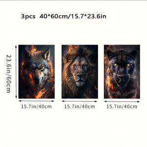 TEMU 2D 플랫, 2D 플랫, 3개 불꽃 배경 동물 초상화 삼부작, 강력한 늑대, 사자, 호랑이 포스터 인쇄, 가정, 사무실, 거실, 침실 장식에 적합