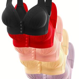 TEMU 5개 세트 여성 스포츠 브라 (언더와이어 없음), 앞면 버클 디자인, 단색, 우아함, 풀 커버리지, 고정 컵, 중년 및 노인에게 적합