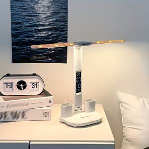 TEMU 이중 헤드 모던 LED 데스크 램프, 시간 표시 및 조절 가능한 팔로 USB 플러그인 사용 가능, 다단계 색온도 조정으로 집중력 향상 - 공부, 작업, 독서에 이상적인 실내 스터디 테이블 램프 | 현대적 데스크 램프 | 조절 가능한 팔 라이트