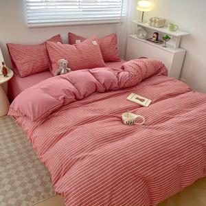 TEMU 4pcs 퀼트 세트 (퀼트 커버 1개 + 침대 시트 1개 + 베갯잇 2개, 퀼트 속통 제외), 핑크 라인 프린트 침구, 부드럽고 편안한 사계절 퀼트 커버, 침실 및 게스트룸에 적합