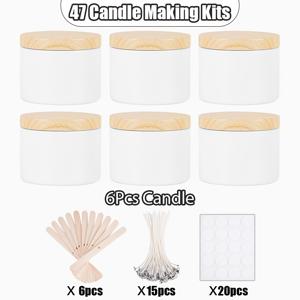 TEMU 47피스 완전한 DIY 캔들 만들기 키트 - 화이트 매트 철제 병 & 우드 그레인 뚜껑 - 6개 병, 6개 홀더, 15개 심지 & 20개 스티커 - 무왁스 공예 재료, 향초/깨끗한 연소 캔들, 홈 데코 보관 용기