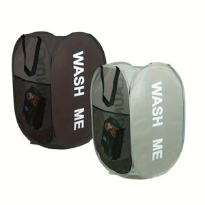 TEMU 여행 및 야외 활동을 위한 휴대용 접이식 세탁 바구니 2개 세트. 'WASH ME'와 'LAUNDRY' 프린트가 있는 이중 칸막이가 특징이며, 손잡이가 달린 접이식 의류 상자이며, 기숙사 및 가정 정리에 이상적입니다 (검정색 및 회색)